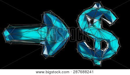 Symbol collection arrow and dollar made of 3d render blue color. Collection of low polly style symbol isolated on black background