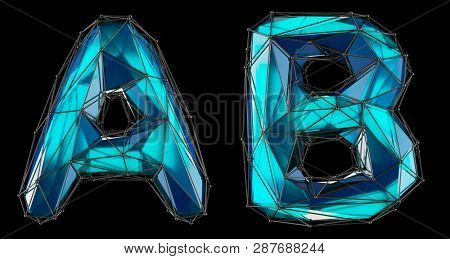Letter set A, B made of realistic 3d render blue color. Collection of low polly style alphabet isolated on black background