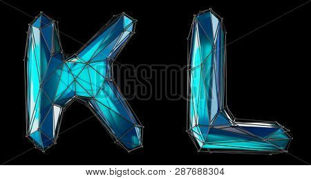 Letter set K, L made of realistic 3d render blue color. Collection of low polly style alphabet isolated on black background