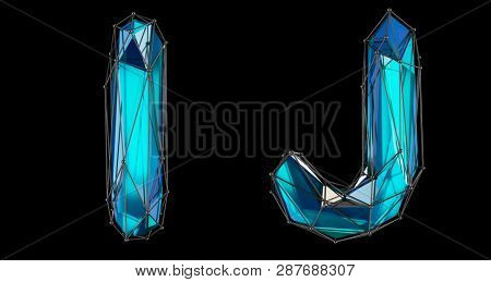 Letter set I, J made of realistic 3d render blue color. Collection of low polly style alphabet isolated on black background