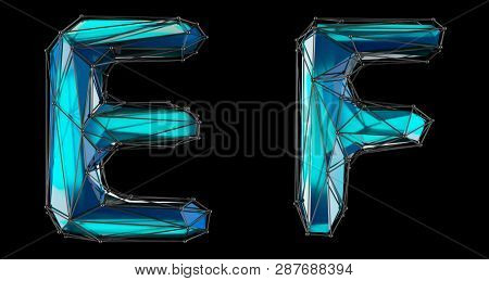 Letter set E, F made of realistic 3d render blue color. Collection of low polly style alphabet isolated on black background