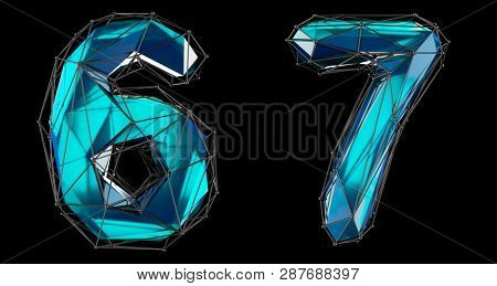Number set 6, 7 made of realistic 3d render blue color. Collection of low polly style symbol isolated on black background