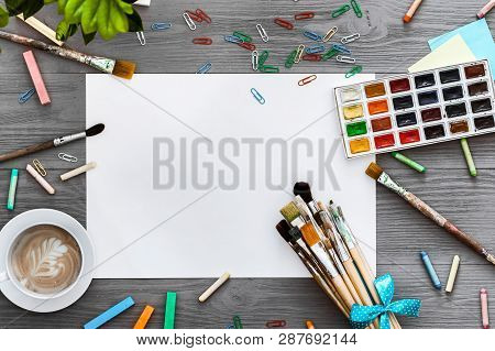 Artistic Background Concept, Creative Art Work Accessory Colorful Supplies Set, Paper, Paint Brushes