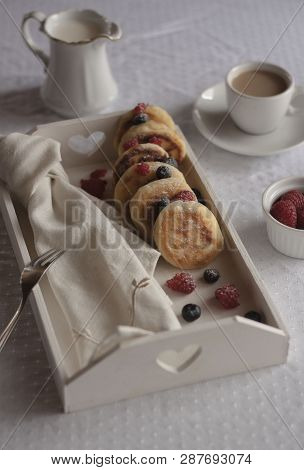 Russian Cuisine Syrniki With Berries And Cofee
