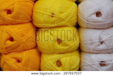 Colorful Knitting Threads. Knitting Background, A Lot Of Balls. Knitting Yarn For Handmade Winter Cl
