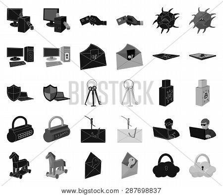 Hacker And Hacking Black, Monochrome Icons In Set Collection For Design. Hacker And Equipment Vector