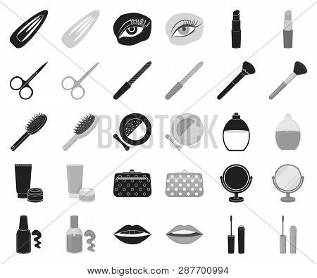 Makeup And Cosmetics Black, Monochrome Icons In Set Collection For Design. Makeup And Equipment Vect