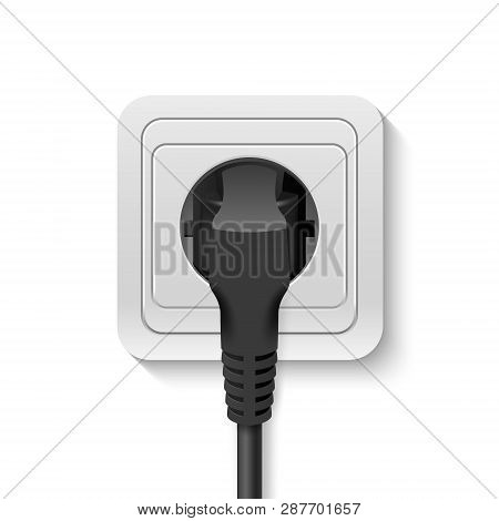 Realistic Vector 3d Black Plug Inserted In A Wall Socket Icon Closeup Isolated On White Background. 