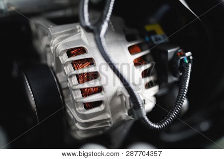 new car alternator, close-up view