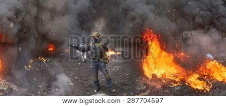 Kiev, Ukraine - January 20, 2014: The Barricades On The Street Were Built Hrushevskoho Defenders Of 