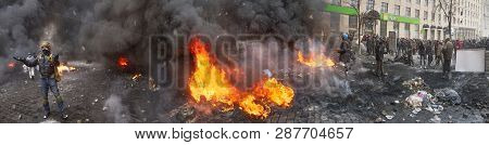 Kiev, Ukraine - January 20, 2014: The Barricades On The Street Were Built Hrushevskoho Defenders Of 