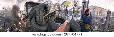 Kiev, Ukraine - January 26, 2014: The Barricades On The Street Were Built Hrushevskoho Defenders Of 
