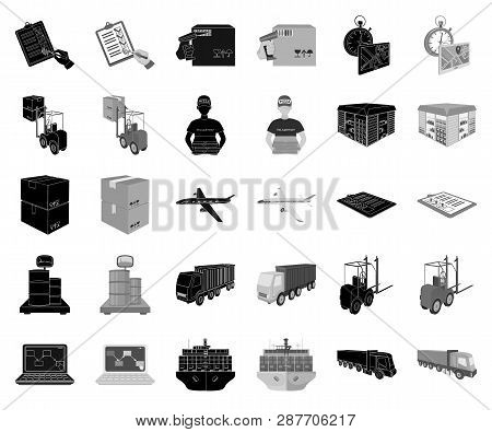 Logistics And Delivery Black, Monochrome Icons In Set Collection For Design. Transport And Equipment