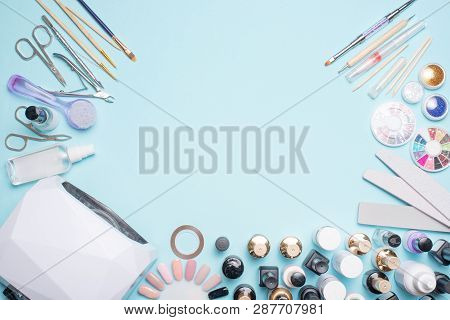 Manicure - Tools For Creating, Gel Polishes, Everything For Nail Care, Beauty And Care Concept. Bann