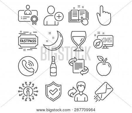 Set Of E-mail, Add User And Fastpass Icons. Beer Bottle, Hand Click And Technical Documentation Sign