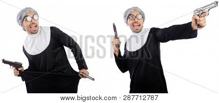 Man in nun dress with handgun 