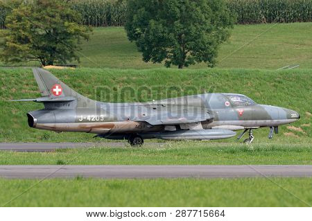 Payerne, Switzerland - August 30, 2014: Former Swiss Air Force Hawker Hunter T.68 Hb-rvw.