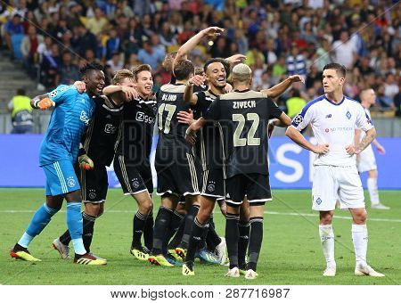 Kyiv, Ukraine - August 28, 2018: Afc Ajax Players Celebrate The Reach Of Group Stage After The Uefa 