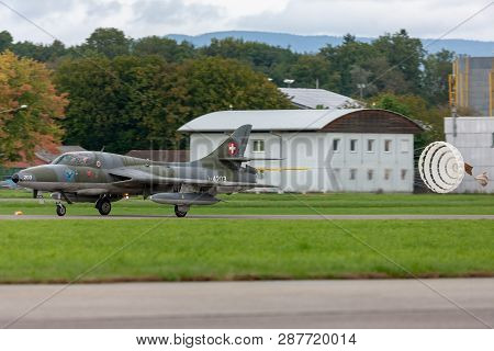 Payerne, Switzerland - August 31, 2014: Former Swiss Air Force Hawker Hunter T.68 Hb-rvw.