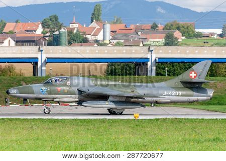 Payerne, Switzerland - September 1, 2014: Former Swiss Air Force Hawker Hunter T.68 Hb-rvw.