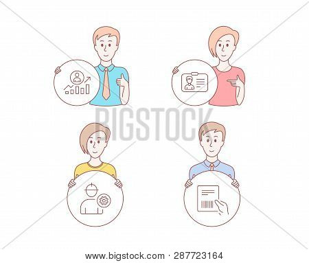 People Hand Drawn Style. Set Of Engineer, Identification Card And Career Ladder Icons. Parcel Invoic