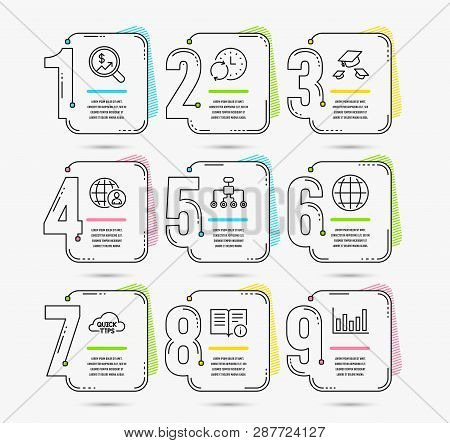 Infographic Template With Numbers 9 Options. Set Of Technical Info, Throw Hats And Update Time Icons