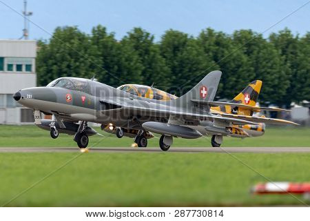 Payerne, Switzerland - September 1, 2014: Former Swiss Air Force Hawker Hunter T.68 Hb-rvr.