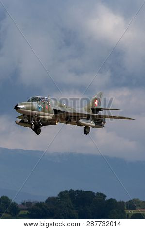 Payerne, Switzerland - September 1, 2014: Former Swiss Air Force Hawker Hunter T.68 Hb-rvw.
