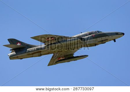 Payerne, Switzerland - September 2, 2014: Former Swiss Air Force Hawker Hunter T.68 Hb-rvw.