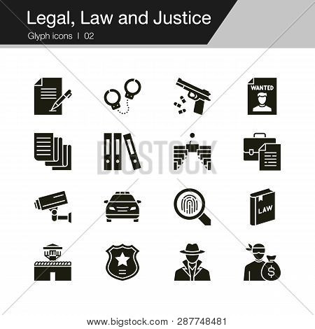 Legal, Law And Justice Icons. Glyph Design. For Presentation, Graphic Design, Mobile Application, We