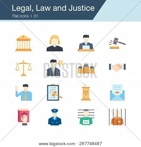 Legal, Law And Justice Icons. Flat Design. For Presentation, Graphic Design, Mobile Application, Web