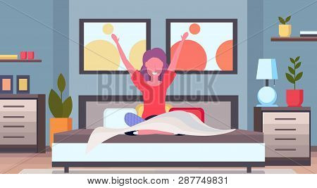 Woman Stretching Arms Waking Up In The Morning Girl Sitting On Bed After Getting Up Satisfaction Con