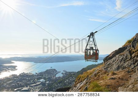 Bergen, Norway - July 19, 2018: The Ulriken Cable Car At The Mount Ulriken In Bergen, Norway