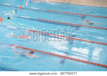 Swim In Swiming Pool. Closed Pool. Swim For Speed. Swimming Competition.