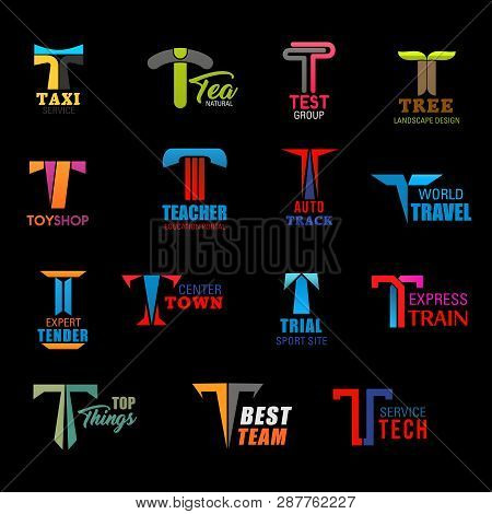 Letter T Icons Of Taxi Service, Landscape Design Company And Education Portal. Vector T Signs Of Tra