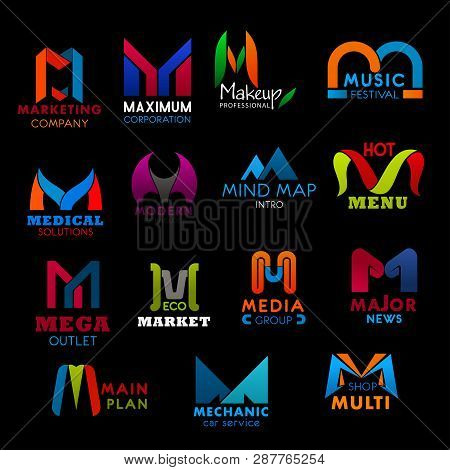 M Letter Icons For Business. Marketing And Maximum, Makeup And Music, Medical And Modern, Mind Map A