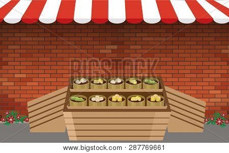 Outdoor Dumplings Shop	With The Brick Wall Background
