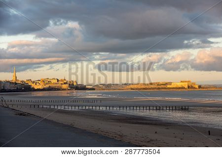 The Morning Light On The Plage Du Sillon And Walled City. Saint Malo , France, Ille Et Vilaine, Emer