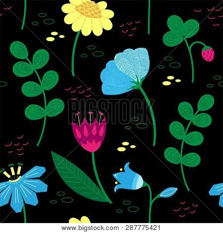 Decorative Floral Pattern With Berries And Beautiful Flowers. Scandinavian Motives. Hand Drawn Doodl