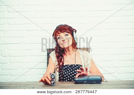 Granny Dj In Headset With Cassette Player. Spy And Operator. Old Woman With Cassette Recorder Listen