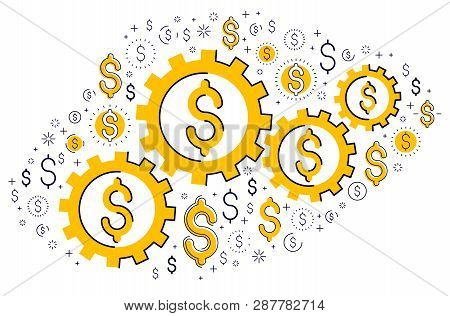 Economy System And Business Concept, Gears And Cogs Mechanism With Dollar Signs And Icon Set, Allego