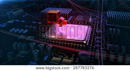 Red Glowing Compiter Bug On Infected Chip In Cyberspace 3d Redner. Spyware, Malware, Virus Trojan, K