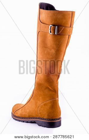 Beige Woman Long Boot Shoe Isolated On White Background. Fashionable Boots For Women May Exhibit All