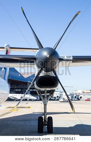 Johannesburg, South Africa, 28th February - 2019: Propeller Of Aircraft Waiting On Tarmac.