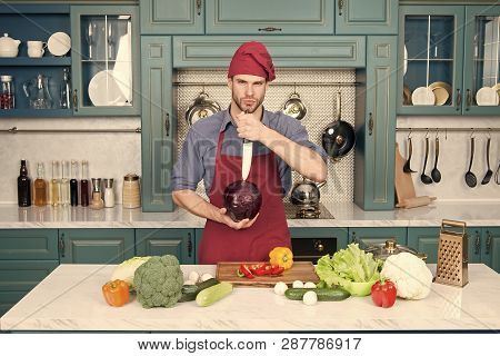 Professional Cook. Chef Teaches How Quickly Chop Vegetables. Chop Food Safely And Efficiently, Ensur