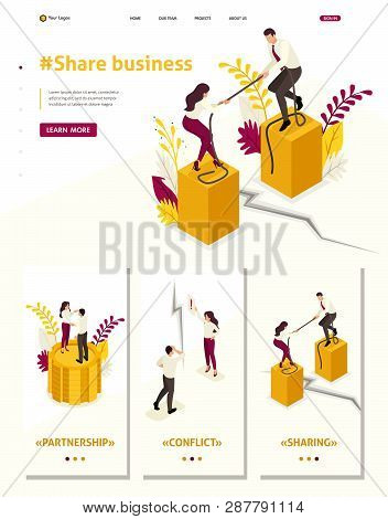 Isometric Website Template Landing Page Conflict Of Partners And Disagreements In Business.