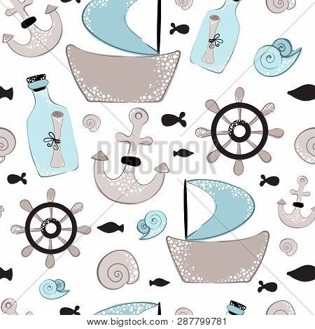 Seamless Vector Pattern With Cartoon Cute Ship, Wheel, Bottle With Letter On White Background. Sea V