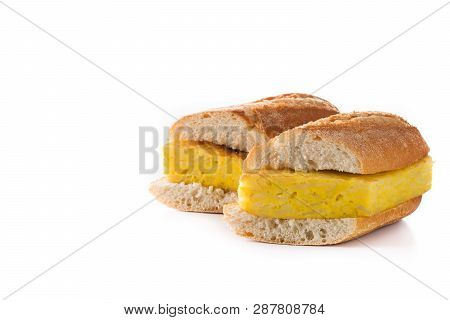 Bocadillo De Tortilla Española. Spanish Potato Omelette Sandwich Isolated On White Background. Copys