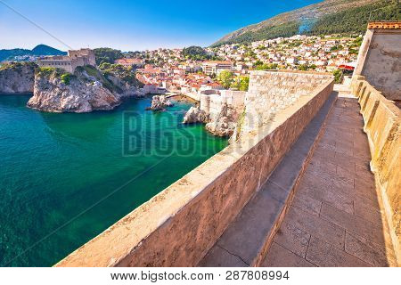 Dubrovnik Bay And Historic Walls View, Tourist Destination In Dalmatia, Croatia