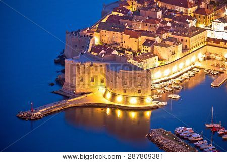 Dubrovnik Harbor And Strong Defense Walls Aerial View, Dalmatia Region Of Croatia